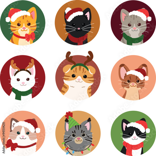 Simple and adorable Christmas cats circle icons set