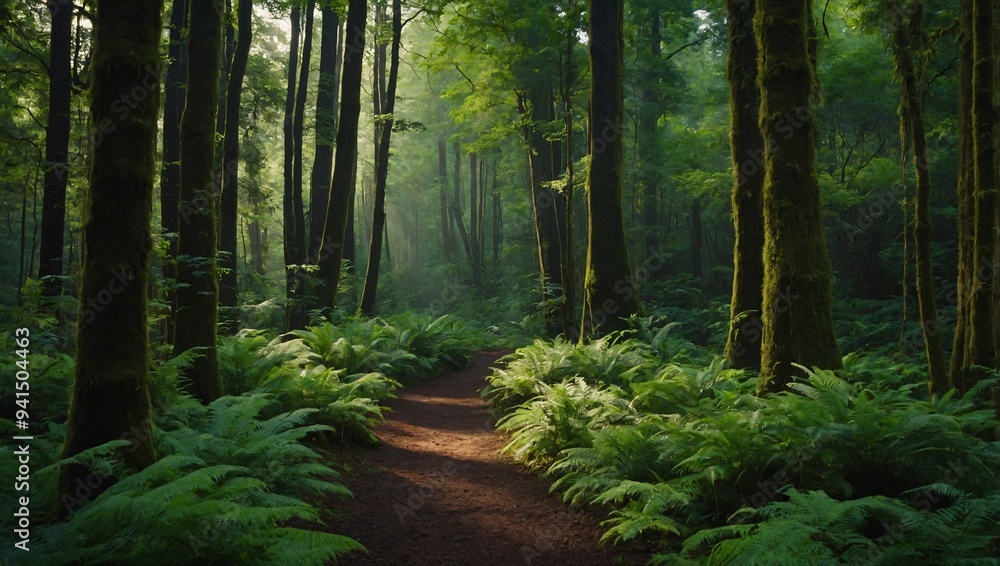 A lush green forest pathway is flanked by tall trees, offering a tranquil escape A lush green forest pathway is flanked by tall trees, offering a tranquil escape