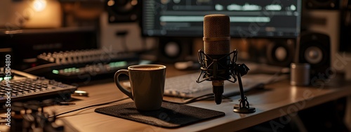 Photograph of a microphone and coffee cup on an interactive podcast desk, with sound baffles in the background, surrounded by computer equipment