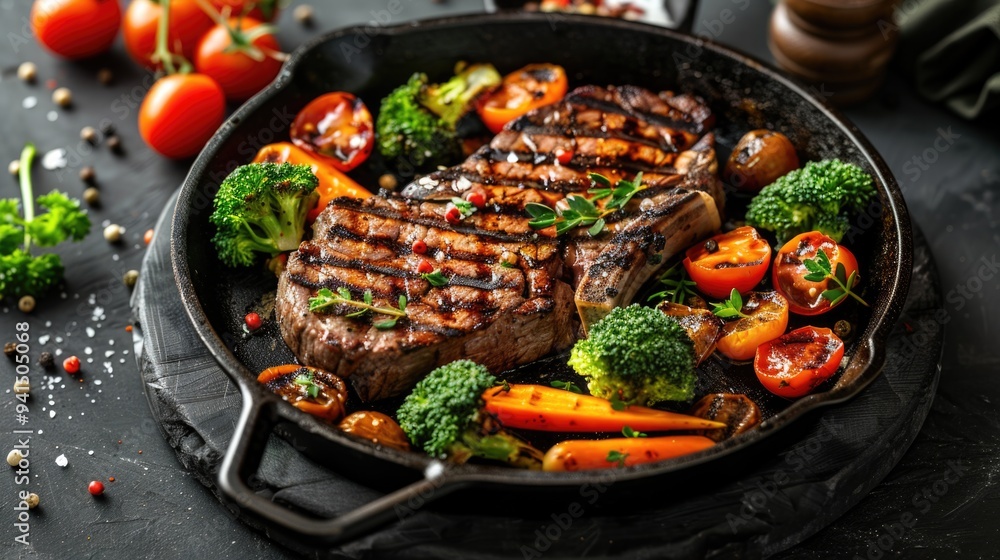 A juicy steak served with various vegetables on a plate, perfect for a meal or dinner A juicy steak served with various vegetables on a plate, perfect for a meal or dinner
