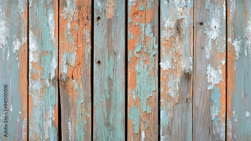 Rustic wooden planks with peeling paint and rough textures, creating a vintage and worn background