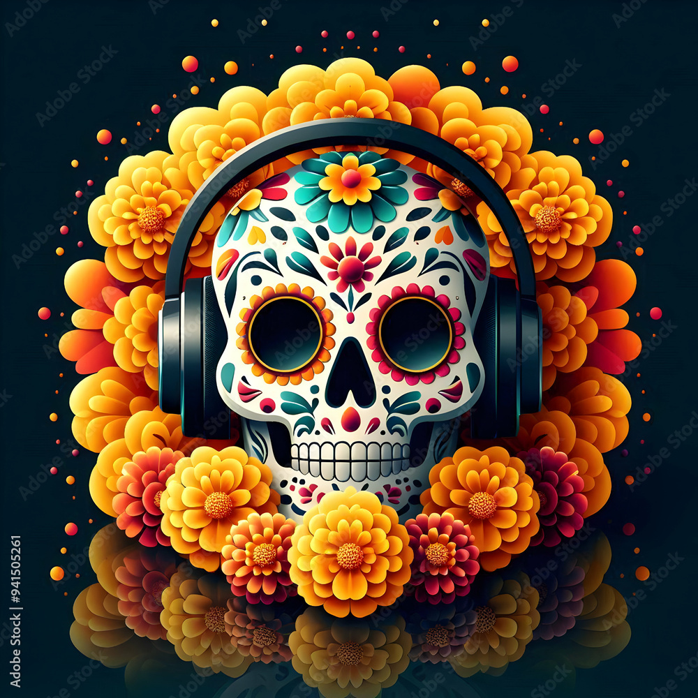 Flat Glossy Sugar Skull with Marigold Petals concept as A wide shot of a glossy sugar skull surrounded by vibrant marigold petals set against a dark reflective background. The composition offers a ric Flat Glossy Sugar Skull with Marigold Petals concept as A wide shot of a glossy sugar skull surrounded by vibrant marigold petals set against a dark reflective background. The composition offers a ric