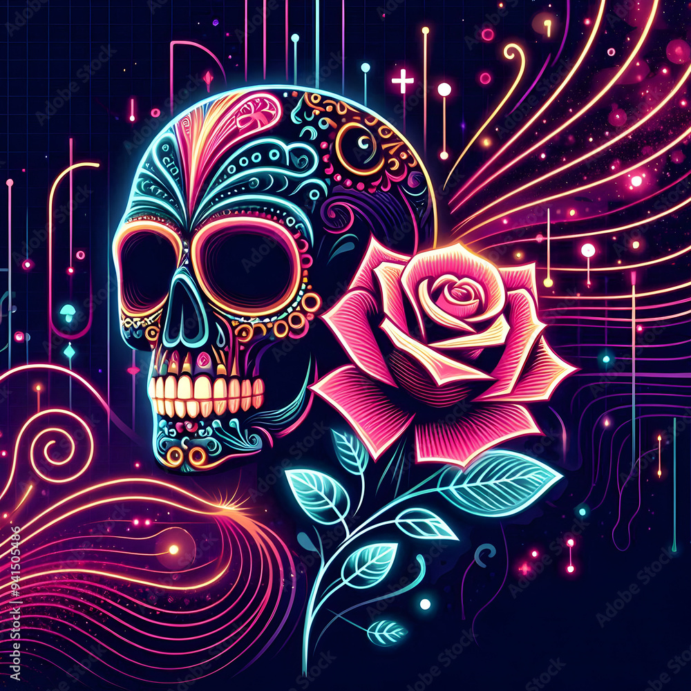 Flat Glowing Calavera with Neon Rose in Digital Space concept as A digital artwork featuring a glowing calavera with a neon rose set against an abstract background with swirling patterns representing Flat Glowing Calavera with Neon Rose in Digital Space concept as A digital artwork featuring a glowing calavera with a neon rose set against an abstract background with swirling patterns representing