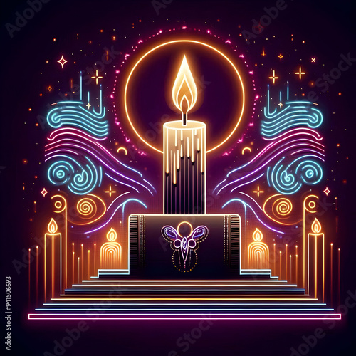 Flat Neon Candle with Glowing Digital Altar concept as A striking digital artwork featuring a neon candle glowing atop an abstract altar surrounded by swirling light patterns symbolizing the remembran