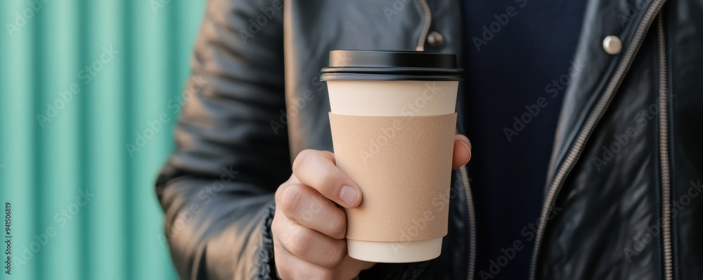 A close-up of a person holding a reusable coffee cup while wearing a stylish vegan leather jacket, symbolizing eco-conscious fashion and habits A close-up of a person holding a reusable coffee cup while wearing a stylish vegan leather jacket, symbolizing eco-conscious fashion and habits