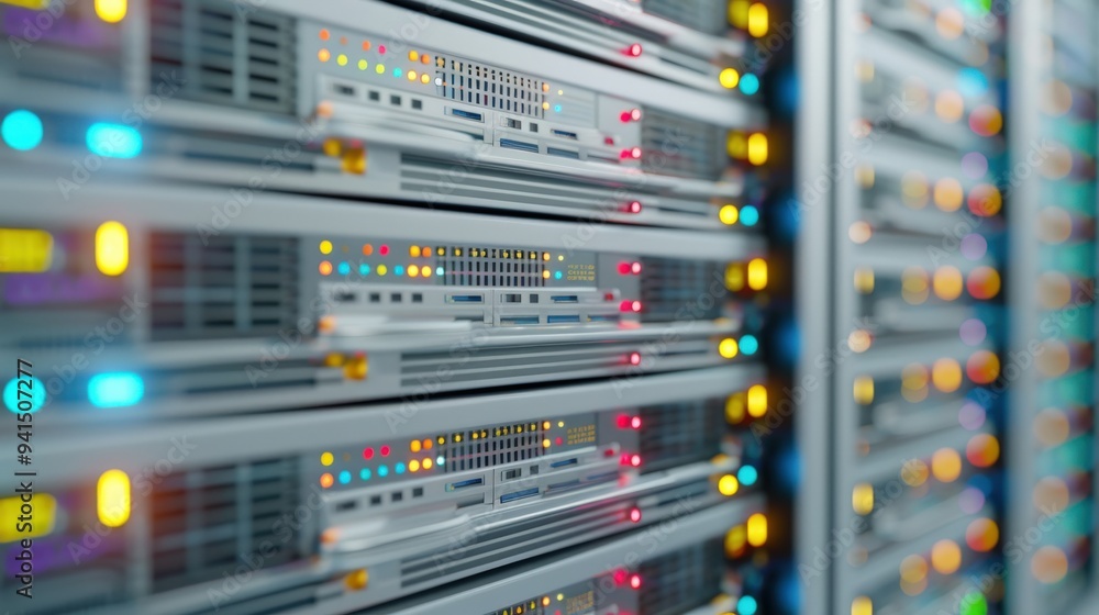 Rows of server racks with blinking lights in a data center. Rows of server racks with blinking lights in a data center.