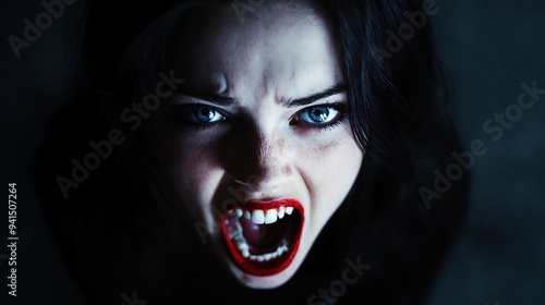 A woman with blue eyes and fangs in a dark room.