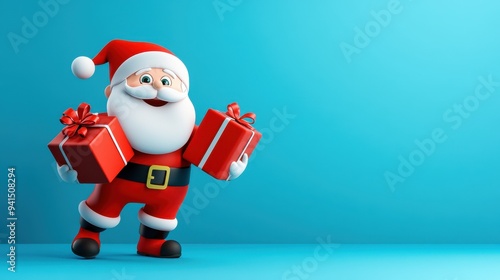 A jolly Santa Claus character holding red Christmas gifts, standing against a bright blue background, capturing the festive holiday spirit.