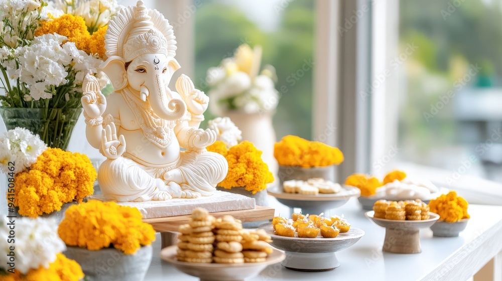 Obraz premium White Ganesha statue with flower arrangements and sweets on a table.