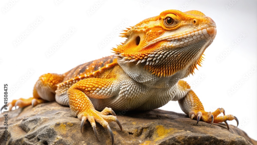 Naklejka premium A majestic bearded dragon perches on a rock, its scales glistening in shades of orange and yellow, against a pure white background, exuding confidence.