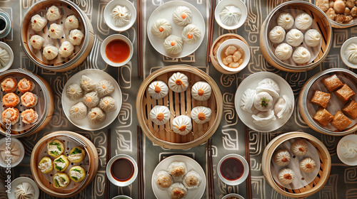 an elegant dim sum spread, including dumplings, bao buns, and spring rolls, served in bamboo steamers with dipping sauces on a traditional Chinese tablecloth photo