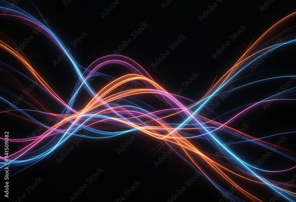 Brightly colored light trails overlapping on a dark background