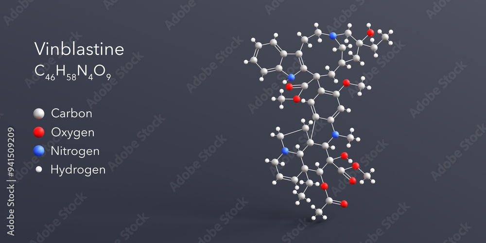 vinblastine molecule 3d rendering, flat molecular structure with chemical formula and atoms color coding vinblastine molecule 3d rendering, flat molecular structure with chemical formula and atoms color coding