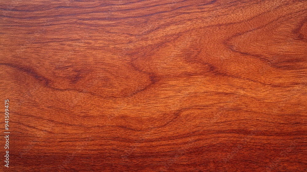 Fototapeta premium Top view of a smooth, polished cherry wood surface with rich red undertones and subtle grain patterns