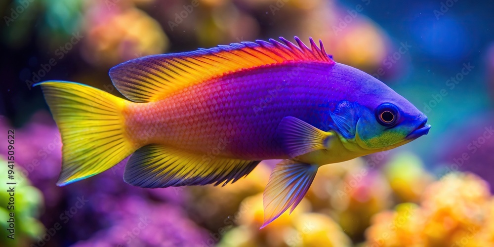 Fototapeta premium royal dottyback, nature, underwater photography, A close up photograph of a royal dottyback fish Pictichromis paccagnellorum showcasing its vibrant colors and unique tilted angle