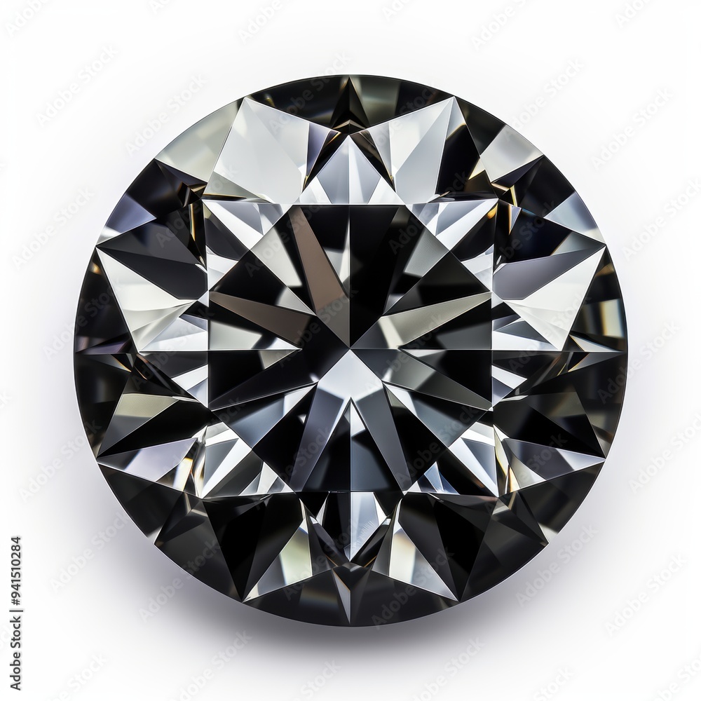 A black Brilliant Cut Diamond Gemstone Positioned Elegantly on white background A black Brilliant Cut Diamond Gemstone Positioned Elegantly on white background