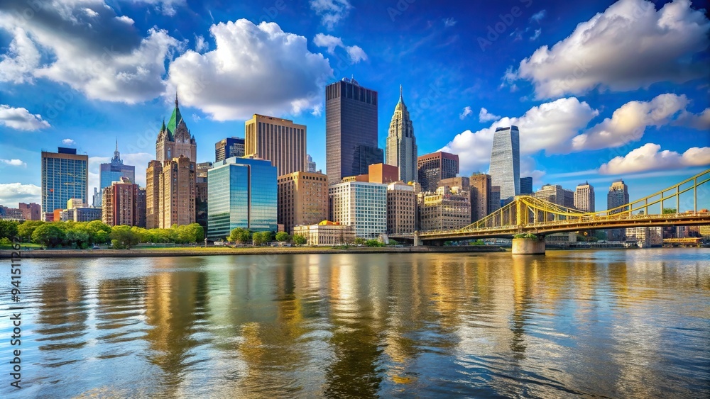 Obraz premium A photo capturing the magnificent downtown skyline of Pittsburgh as viewed from eye level by the river, river, skyline, landscape, urban development,Pittsburgh, Three Rivers