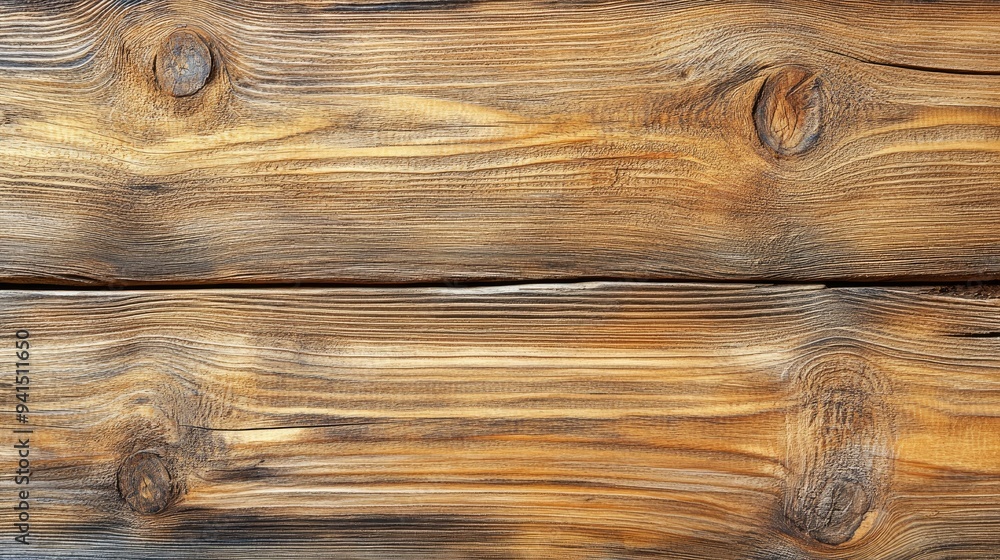 Fototapeta premium Top view of natural wooden boards with visible knots and grain, creating an earthy and organic background
