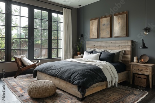 Modern Bedroom with Wood Accents and Exposed Brick Wall