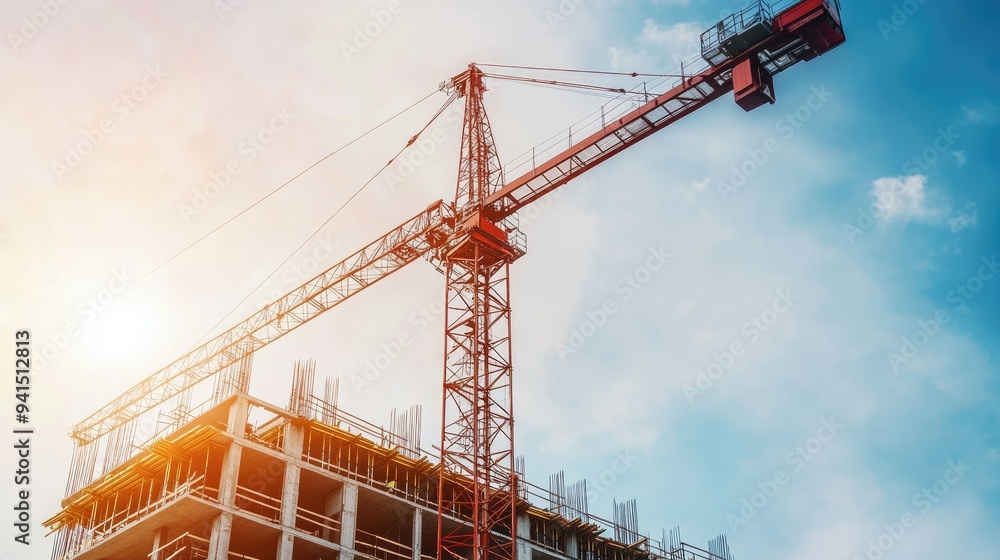 View of a construction crane lifting steel beams at a building site, symbolizing the heavy machinery in civil engineering View of a construction crane lifting steel beams at a building site, symbolizing the heavy machinery in civil engineering