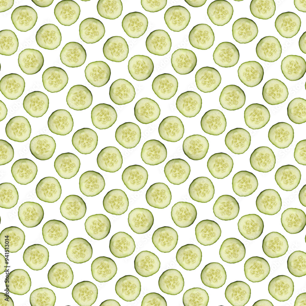 Round cucumber slices on white background, pattern design Round cucumber slices on white background, pattern design