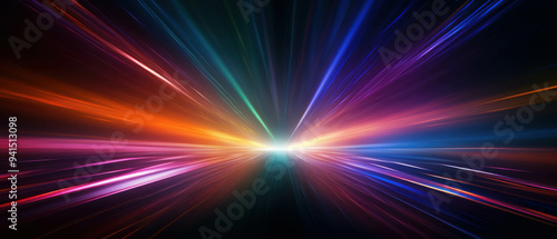 Cosmic Burst: A kaleidoscopic explosion of vibrant colors bursts forth from a central point, streaks of light radiating outwards against a dark background. This abstract image evokes energy, speed, an