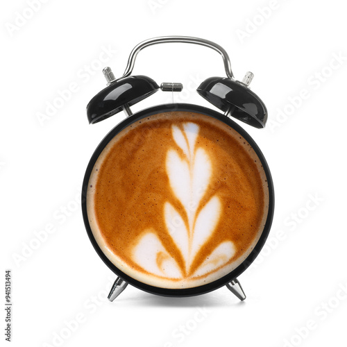 Black alarm clock with coffee instead of dial on white background