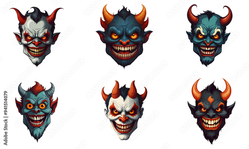 Set of cartoon horror devil character faces. vector illustration of evil devil smile scary circus monsters. White background. Set of cartoon horror devil character faces. vector illustration of evil devil smile scary circus monsters. White background.