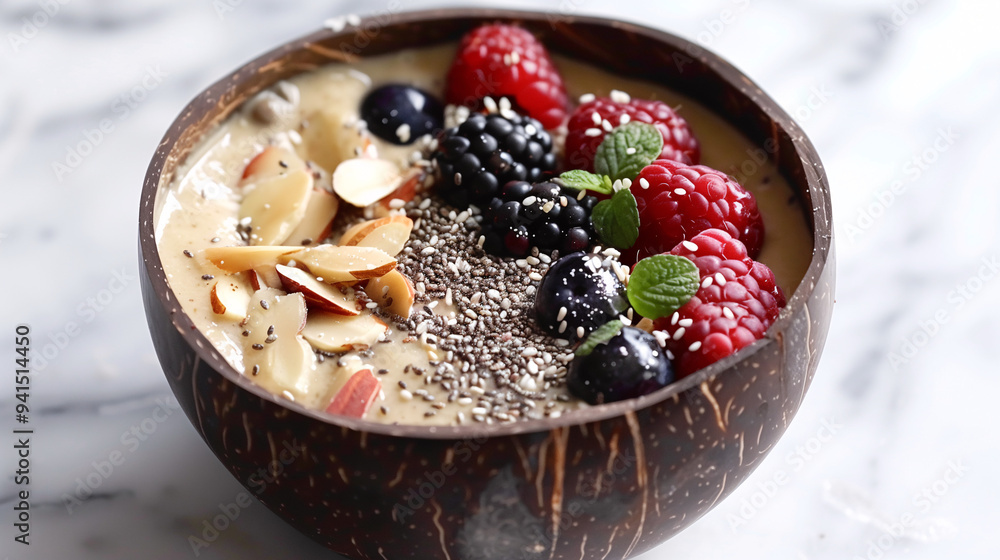 a protein-packed smoothie bowl, topped with chia seeds, hemp seeds, fresh berries, and sliced almonds, served in a coconut bowl on a marble countertop a protein-packed smoothie bowl, topped with chia seeds, hemp seeds, fresh berries, and sliced almonds, served in a coconut bowl on a marble countertop