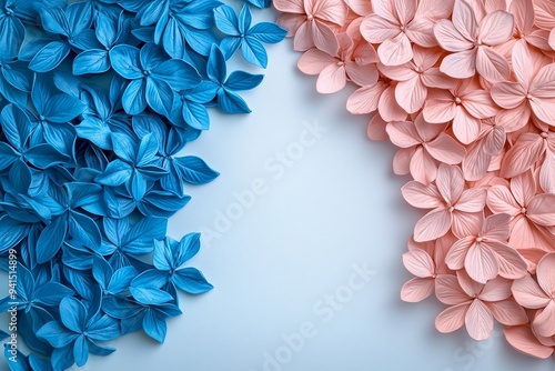 Delicate coral pink and sky blue summer leaves with tiny plumerias on a white backdrop. Minimalistic, high resolution, clear sharp focus, hyper-detailed. photo