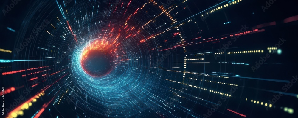 Obraz premium Futuristic digital tunnel with vibrant lines and binary code, leading into a deep, dark cyber abyss.
