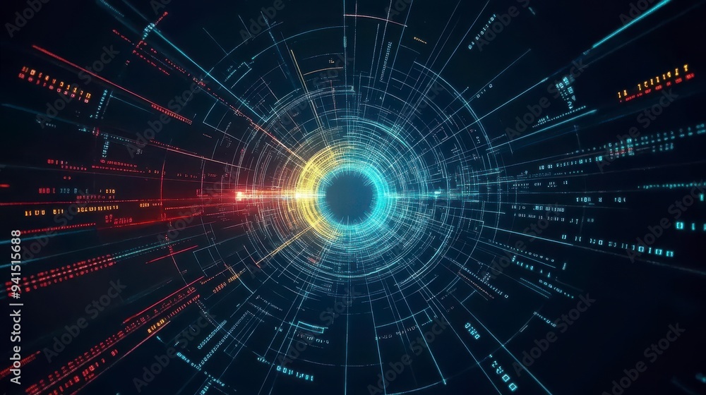 Obraz premium Futuristic digital tunnel with vibrant lines and binary code, leading into a deep, dark cyber abyss.