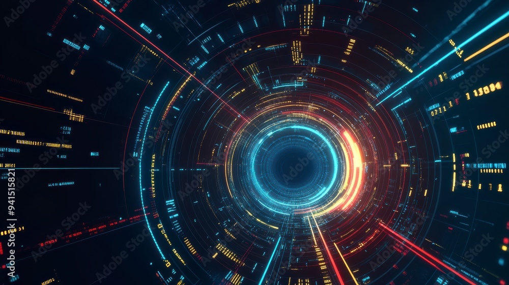 Futuristic digital tunnel with vibrant lines and binary code, leading into a deep, dark cyber abyss. Futuristic digital tunnel with vibrant lines and binary code, leading into a deep, dark cyber abyss.