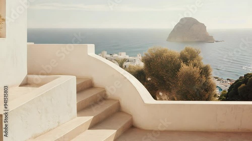 Ibiza aesthetic villa house and coast landscape, muted colors, minimalism