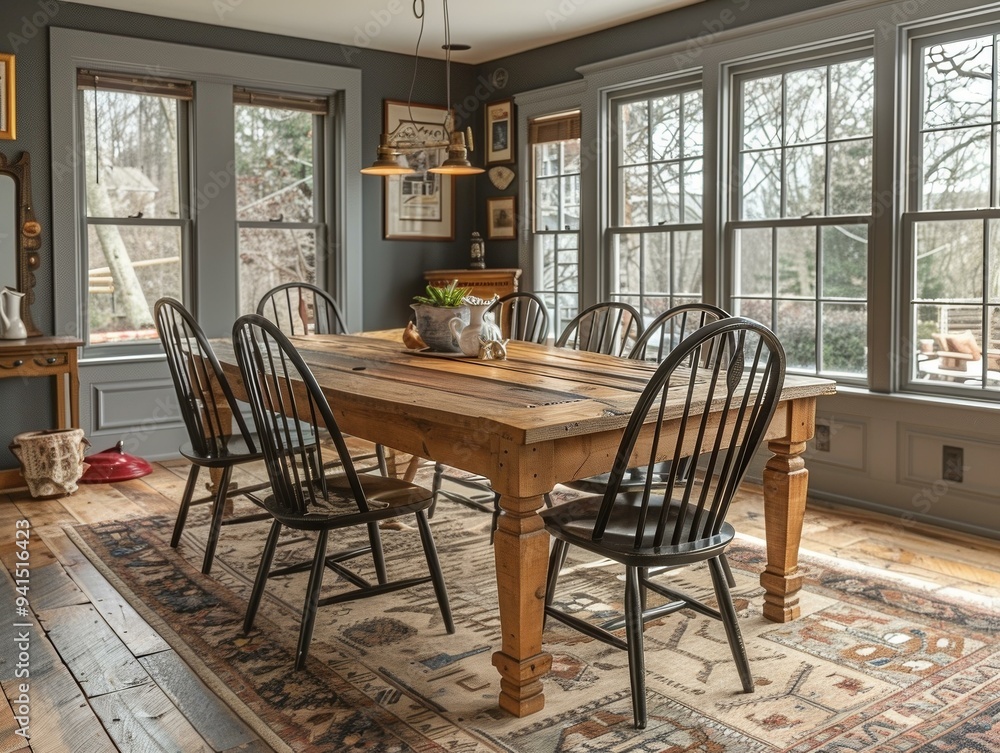 Country-Style Dining Room with Rustic Table and Chairs Country-Style Dining Room with Rustic Table and Chairs