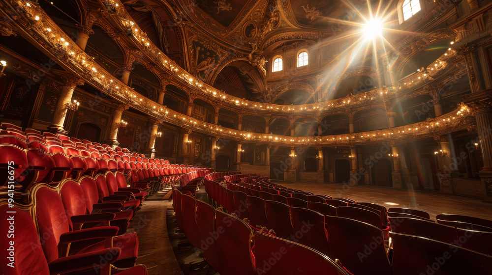 Obraz premium A large theater with red seats and a spotlight shining on the stage