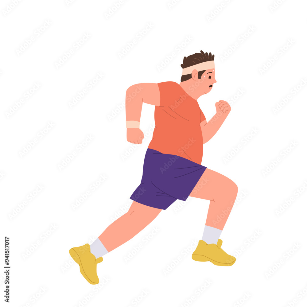 Fat plus size man cartoon character exercising enjoying morning running activity for weight lose Fat plus size man cartoon character exercising enjoying morning running activity for weight lose
