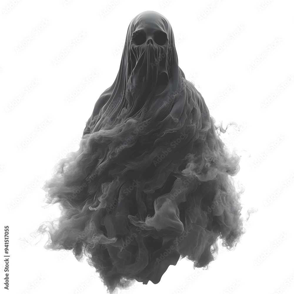 Haunting Smoky Spectre with Unsettling Supernatural Aura on Minimal White Background Haunting Smoky Spectre with Unsettling Supernatural Aura on Minimal White Background