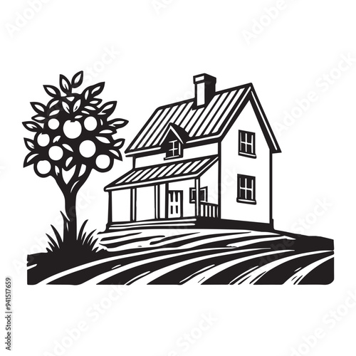 Homestead Silhouette, Farming Scene clipart - Farmhouse with Orchard illustration in black and white 