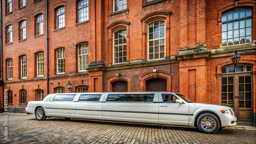 Architectural Contrast: A modern white limousine parked in front of a historic brick building, highlighting the juxtaposition of old and new photo