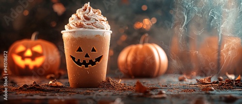 Drink for Halloween, pumpkin spice coffee latte with free copy space photo