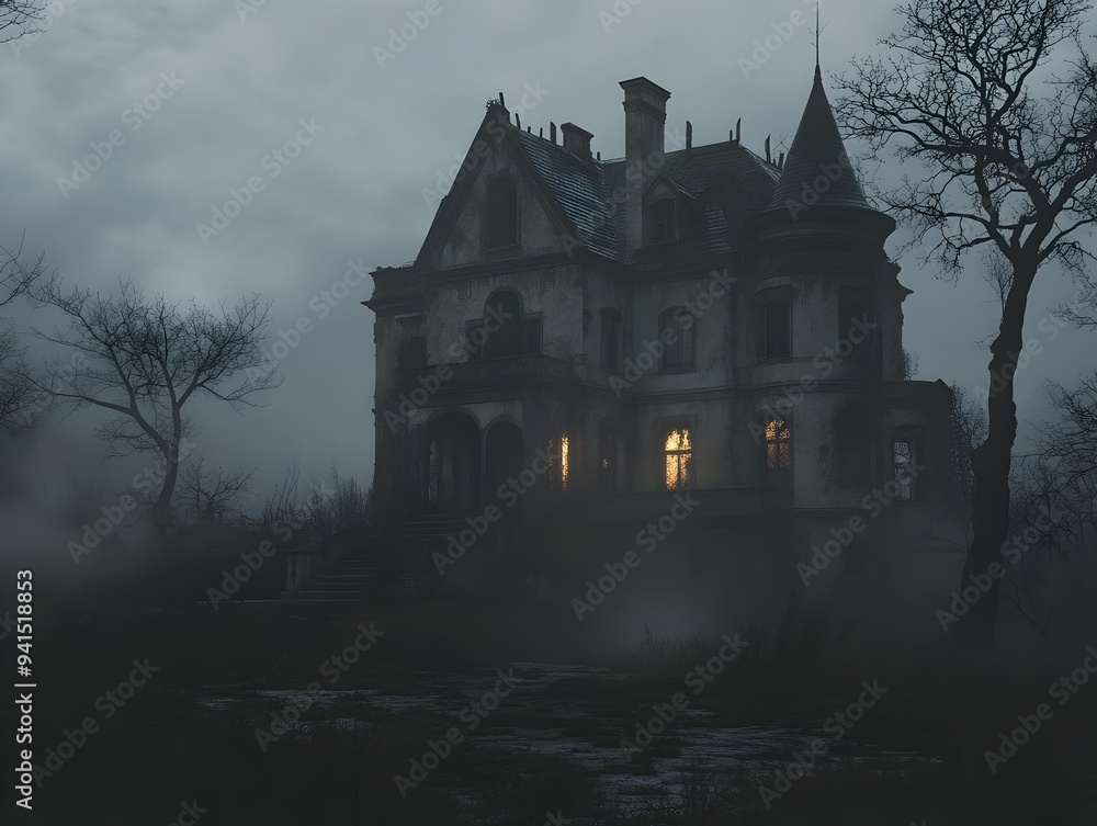 Haunting Victorian Mansion Shrouded in Mystical Mist and Gnarled Trees at Dusk Haunting Victorian Mansion Shrouded in Mystical Mist and Gnarled Trees at Dusk