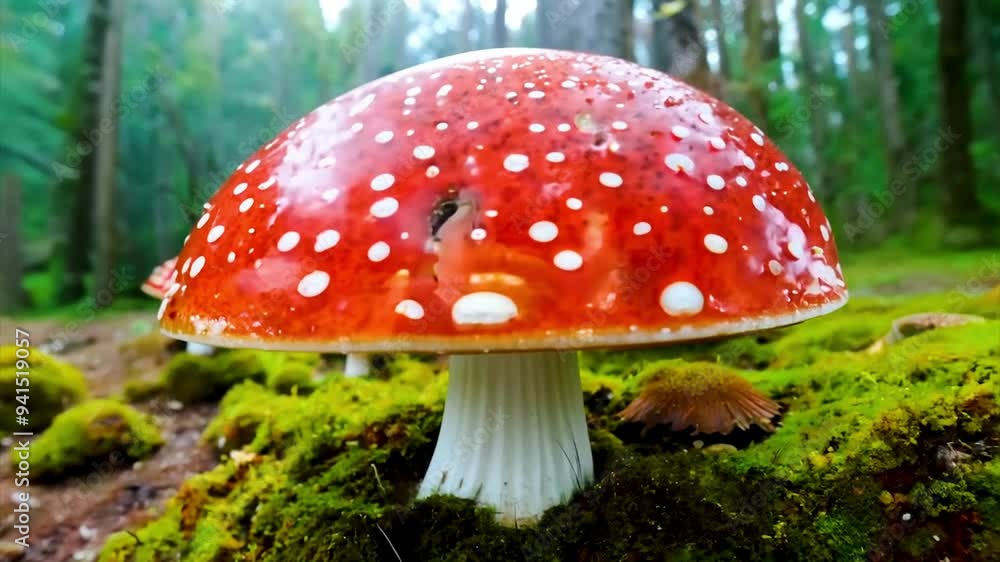 Cartoon style forest with fly agaric mushrooms growing in it. AI generation. Cartoon style forest with fly agaric mushrooms growing in it. AI generation.