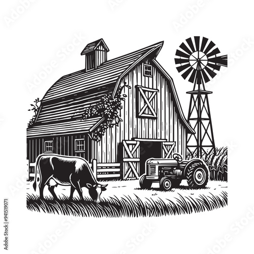 Homestead Silhouette, Farming Scene clipart - Harvest Serenity Barn and Fields illustration in black and white 