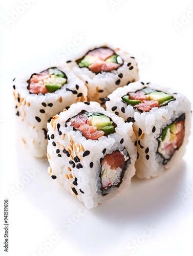 Sushi rolls set on isolated white background, Japanese food