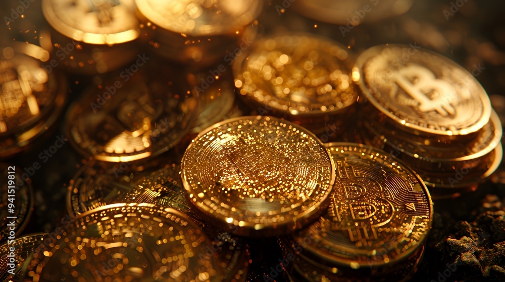 A close-up of shiny, golden cryptocurrency coins, reflecting light and texture. A close-up of shiny, golden cryptocurrency coins, reflecting light and texture.