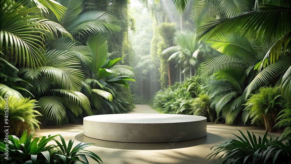 empty podium, asymmetrical, spotlight, platform, presentation, An empty round podium sits amidst the lush greenery of a tropical forest offering a unique and asymmetrical composition empty podium, asymmetrical, spotlight, platform, presentation, An empty round podium sits amidst the lush greenery of a tropical forest offering a unique and asymmetrical composition