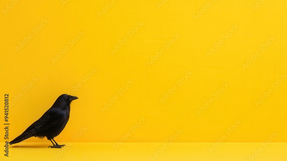 Fototapeta premium Pastel yellow background with a small black crow in the bottom left corner, minimalist and elegant Halloween touch