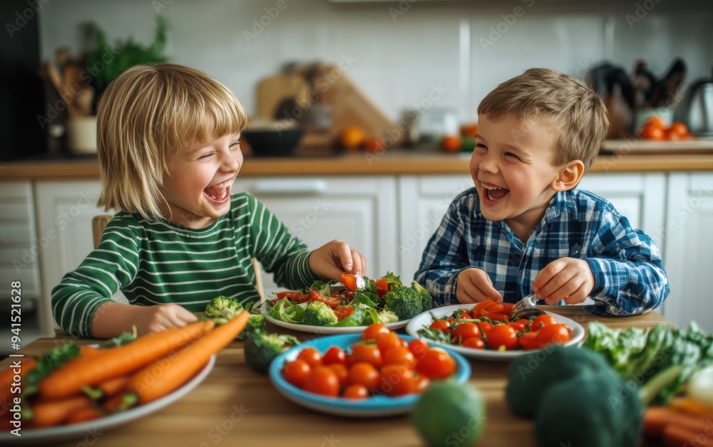 Photo of two laughing children enjoying vegetables at the kitchen table surrounded by fresh produce and colorful plates filled with leafy greens, carrots, tomatoes and broccoli. Healthy eating for kid Photo of two laughing children enjoying vegetables at the kitchen table surrounded by fresh produce and colorful plates filled with leafy greens, carrots, tomatoes and broccoli. Healthy eating for kid