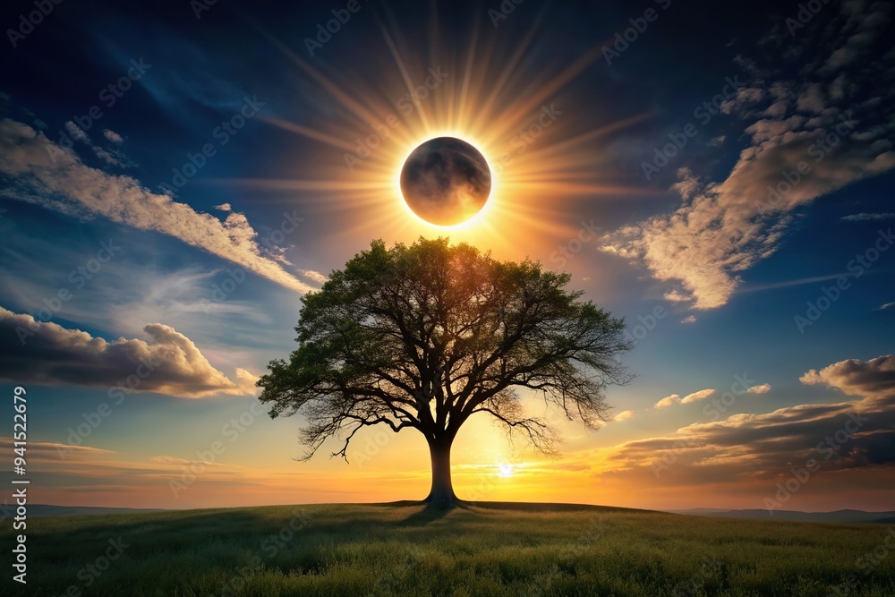 Fototapeta premium Solar eclipse in the shape of an oak tree in the sky, eclipse, sun, mystical, branches, moon, celestial event, rare, cosmic, shape, mysterious, astronomical phenomenon, oak tree, shadow